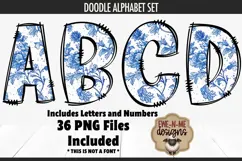 Blue Chinoiserie Doodle Alphabet Numbers | Toile PNG Files Product Image 1