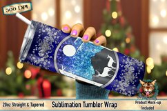 Digital design for 20oz sublimation skinny tumblers. Winter-themed with faux glitter snowflakes, a peekaboo deer in a snowy forest, and a dark pink ombre background