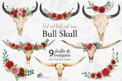 Blush and red roses watercolour bull skull, floral bouquets Product Image 1