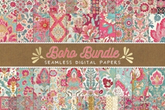 Seamless boho block print tile patterns with pink and teal ornamental floral mandalas and gold accents.