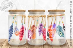 Boho 16 oz libbey can glass PNG, feathers glass sublimation Product Image 1