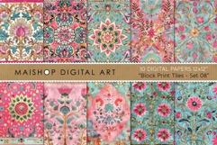 Seamless boho block print tile patterns with pink and teal ornamental floral mandalas and gold accents.