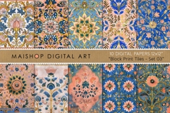 Seamless terracotta and blue block print tile patterns with intricate bohemian floral mandalas and earthy textures.