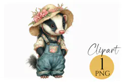 Boho Badger Clipart PNG in Floral Overalls and Hat Product Image 1
