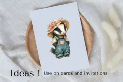 Boho Badger Clipart PNG in Floral Overalls and Hat Product Image 3