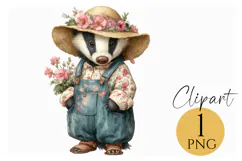 Boho Badger Clipart PNG Floral Overalls & Flower Bunch Product Image 1