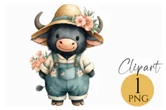 Boho Buffalo Clipart PNG Cute Farm Animal with Flowers Product Image 1