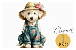 Boho Dog Clipart PNG White Puppy in Floral Overalls Product Image 1