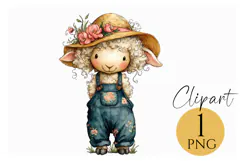 Boho Lamb Clipart Cute Farm Animal in Floral Overalls PNG Product Image 1