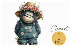 Cute Gorilla Clipart in Floral Overalls and Straw Hat PNG Product Image 1