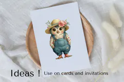 Boho Owl Clipart Cute Farm Bird in Floral Overalls PNG Product Image 3