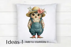Boho Owl Clipart Cute Farm Bird in Floral Overalls PNG Product Image 4