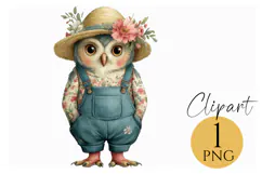 Boho Owl Clipart Cute Farm Bird in Floral Overalls PNG Product Image 1