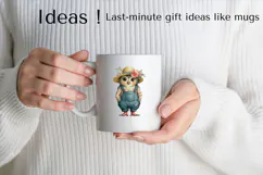 Boho Owl Clipart Cute Farm Bird in Floral Overalls PNG Product Image 2