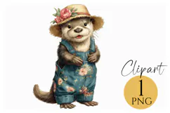 Boho Otter Clipart Cute Farm Animal in Floral Overalls PNG Product Image 1