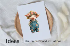Boho Pig Clipart Cute Farm Piglet in Floral Overalls PNG Product Image 3
