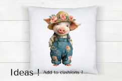 Boho Pig Clipart Cute Farm Piglet in Floral Overalls PNG Product Image 4