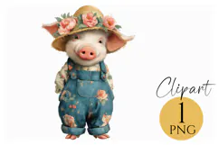 Boho Pig Clipart Cute Farm Piglet in Floral Overalls PNG Product Image 1
