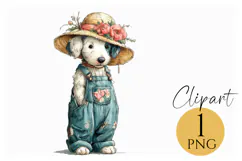 Boho Dog Clipart Watercolor Puppy in Floral Overalls Product Image 1