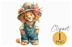 Cute Lion Clipart with Floral Overalls and Straw Hat PNG Product Image 1