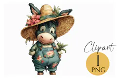 Cute Donkey Clipart in Overalls with Straw Hat PNG File Product Image 1
