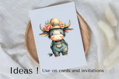 Cute Cow Clipart with Straw Hat and Floral Overalls PNG Product Image 3