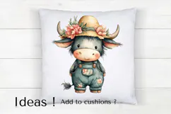 Cute Cow Clipart with Straw Hat and Floral Overalls PNG Product Image 4