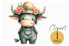 Cute Cow Clipart with Straw Hat and Floral Overalls PNG Product Image 1