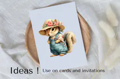 Boho Squirrel Clipart PNG in Floral Overalls and Hat Product Image 3