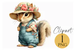 Boho Squirrel Clipart PNG in Floral Overalls and Hat Product Image 1