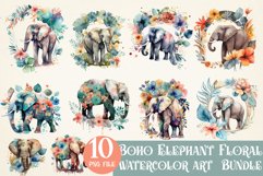 Boho Elephant Floral watercolor Bundle, Sublimation png file Product Image 1