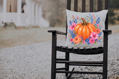 Bright autumn pumpkin floral arrangement featuring detailed watercolor flowers, blue foliage, and decorative botanical elements for fall crafts.