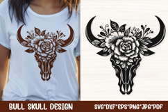 Boho floral bull skull SVG featuring long horns integrated with crescent moon, central rose wreath, cascading flowers and leaves, perfect for Western festival t-shirts, cowgirl outfits, yoga apparel, spiritual decor