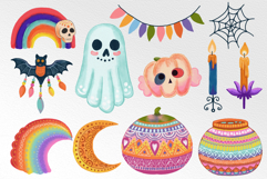 48 hand-drawn boho Halloween clipart PNGs — pumpkins, skulls, rainbows, witch hats. Perfect for sublimation, stickers, crafts, and print projects.