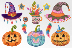 48 hand-drawn boho Halloween clipart PNGs — pumpkins, skulls, rainbows, witch hats. Perfect for sublimation, stickers, crafts, and print projects.