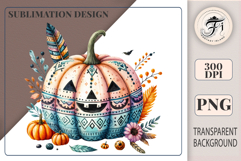 Boho Halloween pumpkin PNG with ornaments, flowers &amp; feathers. High-quality transparent clipart for crafts, sublimation, stickers, and print projects.