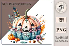 Boho Halloween pumpkin PNG with ornaments, flowers & feathers. High-quality transparent clipart for crafts, sublimation, stickers, and print projects.