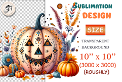 Boho Halloween pumpkin PNG with ornaments, flowers &amp; feathers. High-quality transparent clipart for crafts, sublimation, stickers, and print projects.