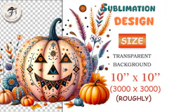 Boho Halloween pumpkin PNG with ornaments, flowers & feathers. High-quality transparent clipart for crafts, sublimation, stickers, and print projects.