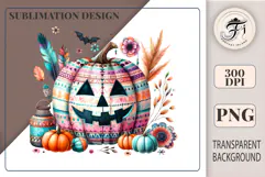 Boho Halloween pumpkin PNG with ornaments, flowers & feathers. High-quality transparent clipart for crafts, sublimation, stickers, and print projects.