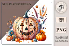 Boho Halloween pumpkin PNG with ornaments, flowers & feathers. High-quality transparent clipart for crafts, sublimation, stickers, and print projects.