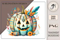 Boho Halloween pumpkin PNG with ornaments, flowers & feathers. High-quality transparent clipart for crafts, sublimation, stickers, and print projects.