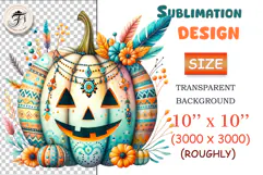 Boho Halloween pumpkin PNG with ornaments, flowers & feathers. High-quality transparent clipart for crafts, sublimation, stickers, and print projects.