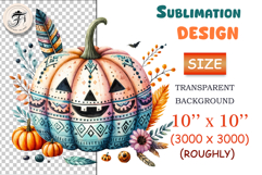 Boho Halloween pumpkin PNG with ornaments, flowers &amp; feathers. High-quality transparent clipart for crafts, sublimation, stickers, and print projects.