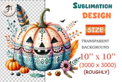 Boho Halloween pumpkin PNG with ornaments, flowers & feathers. High-quality transparent clipart for crafts, sublimation, stickers, and print projects.