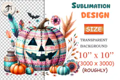 Boho Halloween pumpkin PNG with ornaments, flowers & feathers. High-quality transparent clipart for crafts, sublimation, stickers, and print projects.