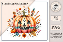 High-resolution boho Halloween pumpkin clipart PNG with feathers &amp; flowers. Perfect for sublimation, invites &amp; crafts.