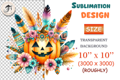 High-resolution boho Halloween pumpkin clipart PNG with feathers &amp; flowers. Perfect for sublimation, invites &amp; crafts.