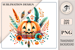 High-resolution boho Halloween pumpkin clipart PNG with feathers &amp; flowers. Perfect for sublimation, invites &amp; crafts.