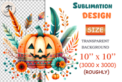 High-resolution boho Halloween pumpkin clipart PNG with feathers &amp; flowers. Perfect for sublimation, invites &amp; crafts.